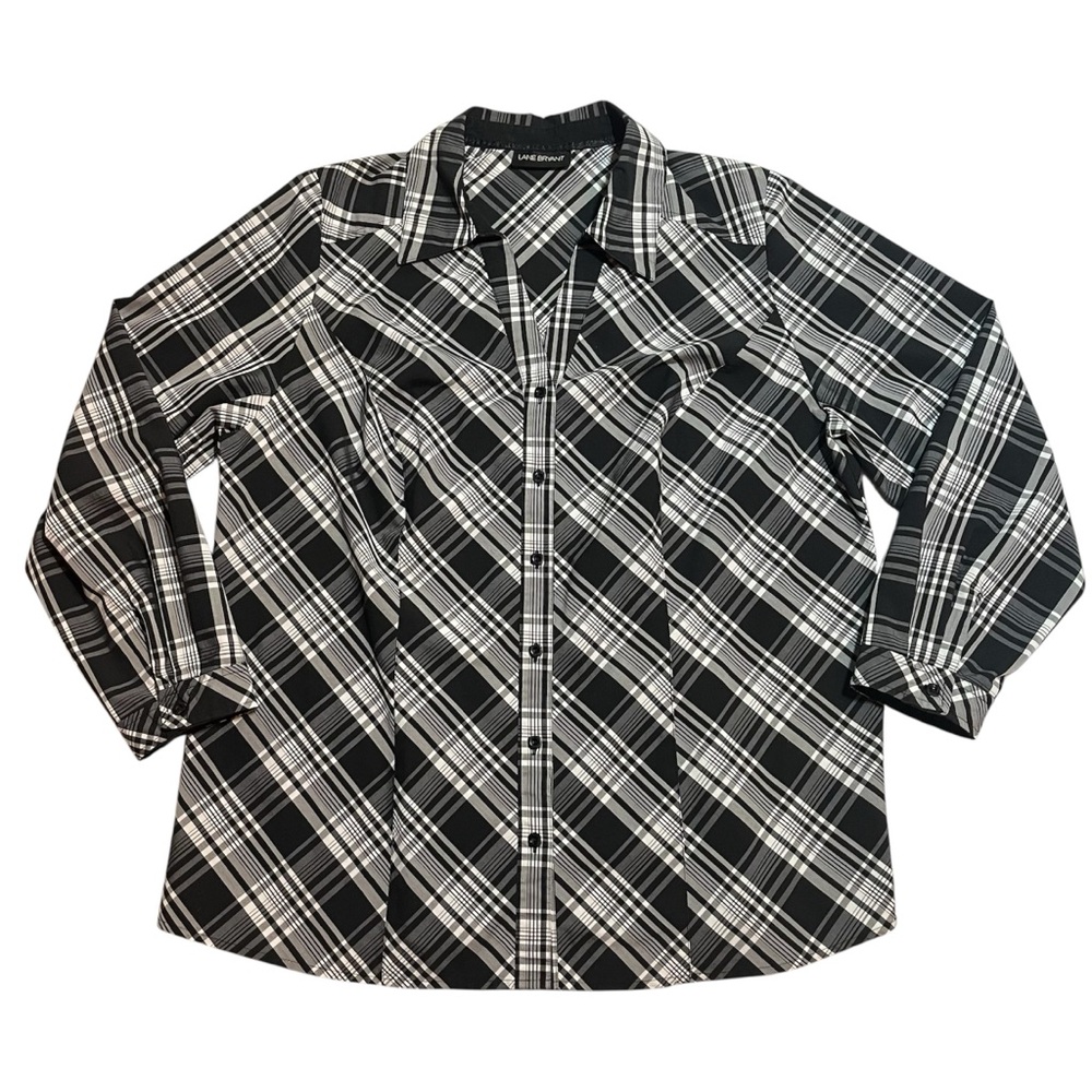 Lane Bryant Plaid Button Down Shirt Womens 18/20 Black White Classic Plus Size‎